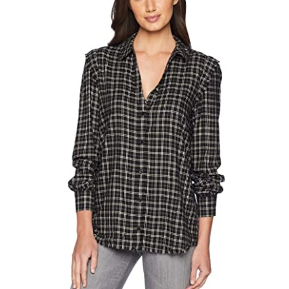 PAIGE Alia Plaid Shirt, Black/Parchment, XS